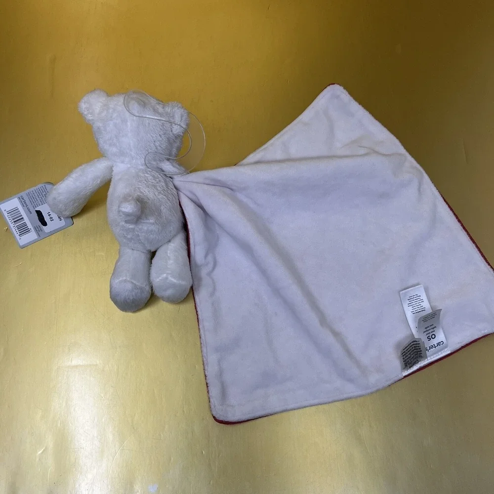 Carters Security Blanket Plush Baby Lovey Rattle white Bear w/ Red blanket 10x11